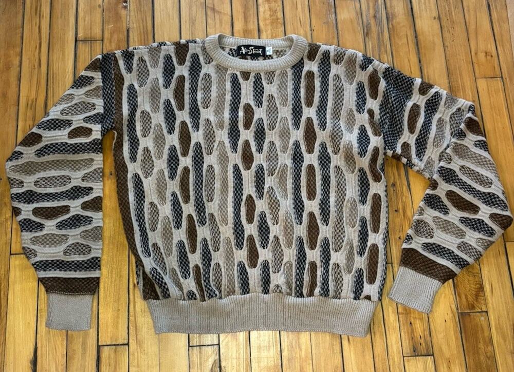 VTG Alan Stuart Men’s Large 3D Knit Grandpa Brown Sweater (COOGI STYLE)